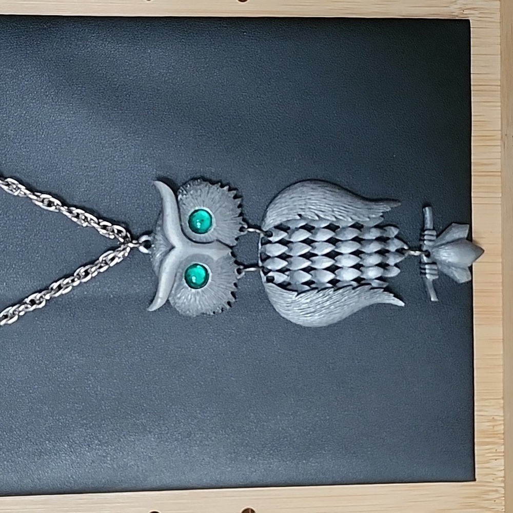 Vintage Sovereign House Articulated Pewter Owl Necklace Green Eyes Statement